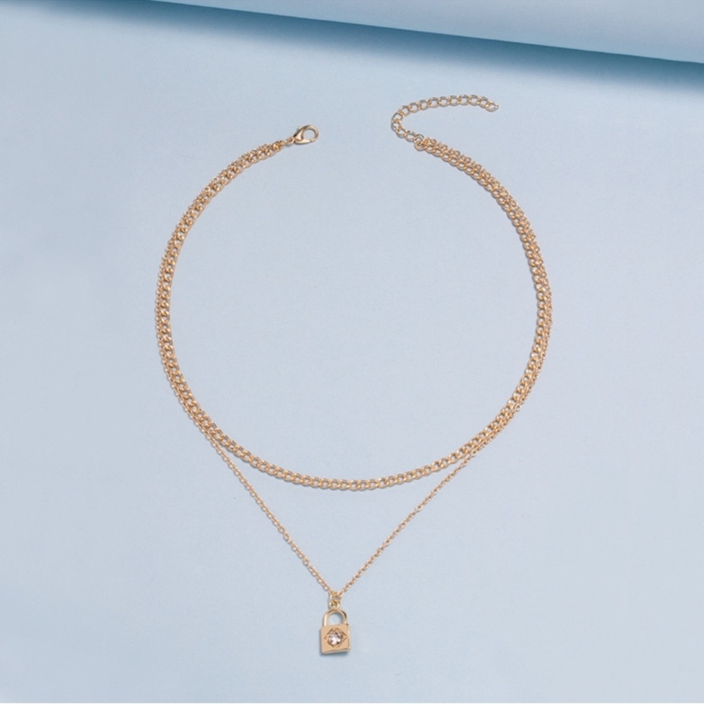 Elegant Gold Color Layered Necklace with Lock Pendant - Picture 4 of 9